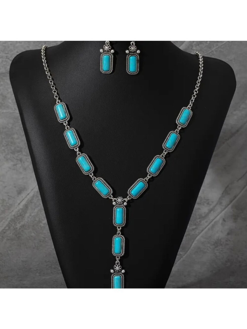 Imitation Turquoise Stone Necklace & Earring Set Boho Silver Tone